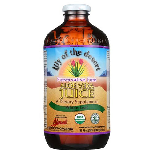 Lily of the desert brand preservative free USDA certified organic whole leaf aloe vera juice dietary supplement