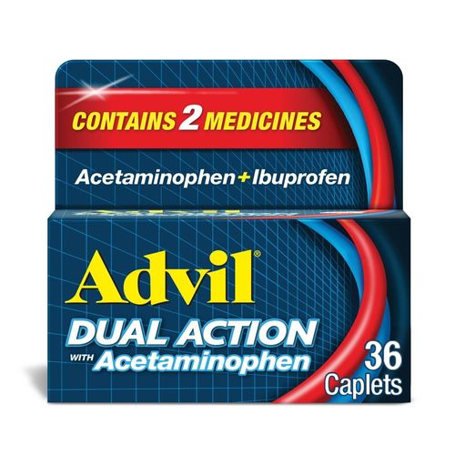 Advil Dual Action With Acetaminophen Pain and Headache Reliever Ibuprofen 200 Mg Coated Caplets 36 Count