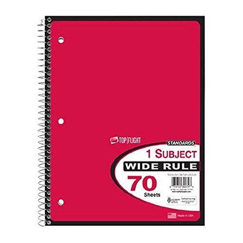 Top Flight Class Notes 1-Subject Wirebound Notebook 70 Sheets 3-Hole Punched Wide Rule 10.5 x 8 Inches 1 Notebook Color May Vary (31115)
