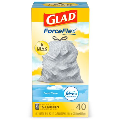 Glad ForceFlex Tall Kitchen Trash Bags 13 Gallon 40 Bags (Fresh Clean Scent Febreze Freshness)