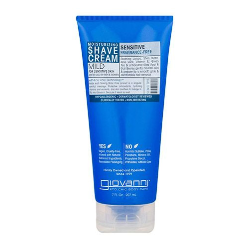 GIOVANNI Moisturizing Shave Cream 7 oz. for Sensitive Skin Fragrance Free with Soothing Aloe Jojoba Argan and Super Antioxidants Acai & Goji Berry Men & Women Hypoallergenic (Pack of 1)