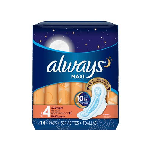 Always Maxi Pads Size 4 Overnight Absorbency Unscented with Wings 14 Ct