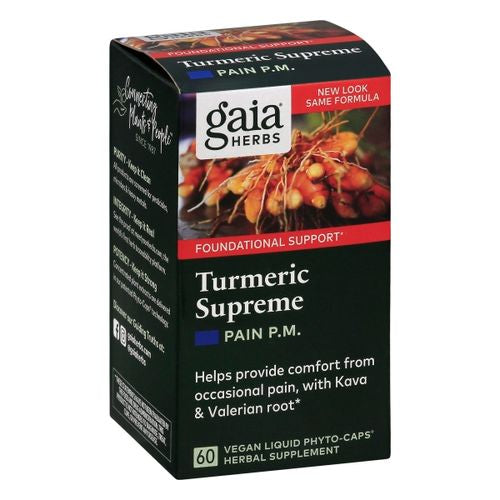 Gaia Herbs Turmeric Supreme Pain P.M. - Helps Provide Nighttime Comfort to Support More Restful Sleep - With Tumeric Kava Valerian Feverfew & More - 60 Liquid Phyto-Capsules (30-Day Supply)