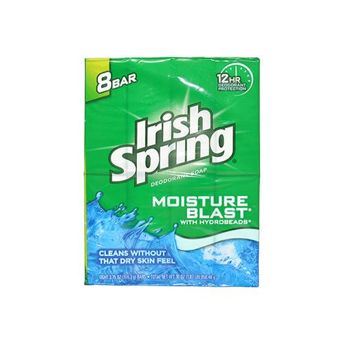 Irish Spring Moisture Blast Deodorant Bar Soap for Men 3.7 oz 8 Pack
