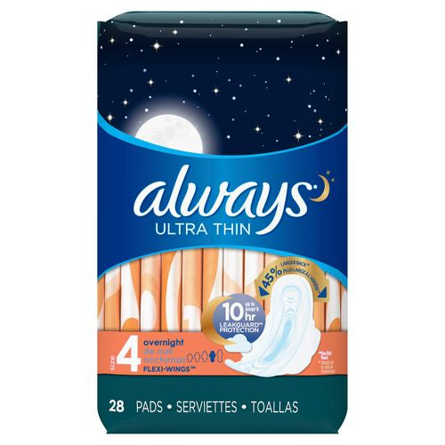 Always Ultra Thin Overnight Pads with Wings Unscented Size 4 28 ct