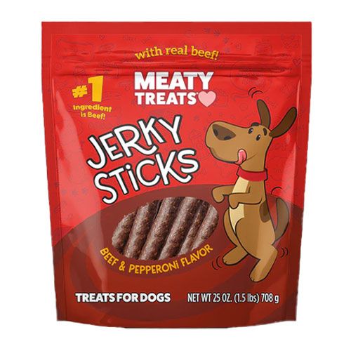 1 Bag Meaty Treats 25 Oz Jerky Sticks Real Beef & Pepperoni Flavor Dog Treats
