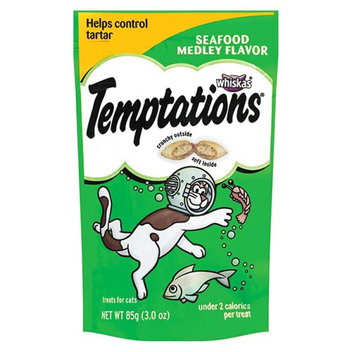 TEMPTATIONS Classic Crunchy and Soft Cat Treats Seafood Medley Flavor 3 oz. Pouch