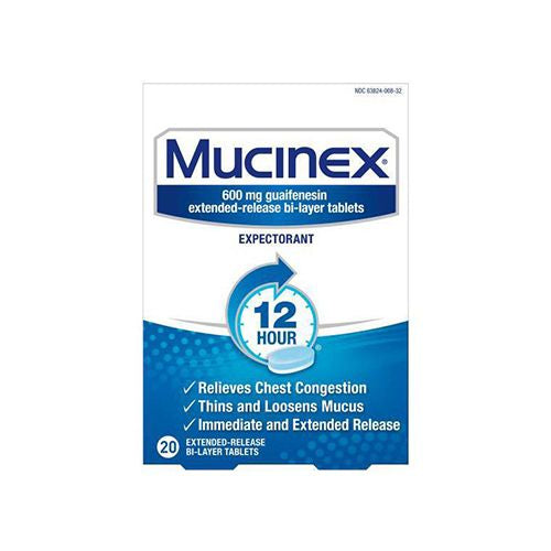 Chest Congestion Mucinex Expectorant 12 Hour Extended Release Tablets 20ct 600 mg Guaifenesin with Extended Relief of Chest Congestion