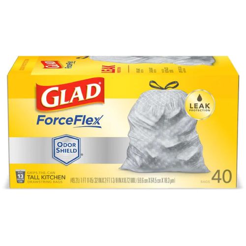 Glad Tall Kitchen Drawstring Trash Bags - ForceFlexPlus Advanced Protection 13 gal - 23.74  Width x 24.88  Length x 0.72 mil (18 Micron) Thickness - White - 240/Carton - 40 Per Box - Garbage  Indoor