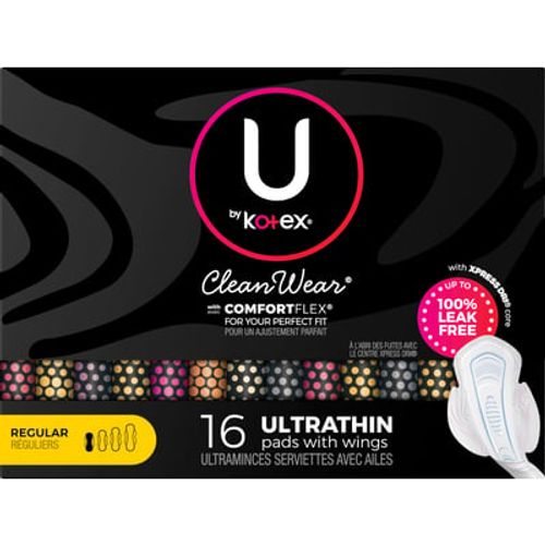 U by Kotex CleanWear Ultra Thin Feminine Pads with Wings  Regular  16 Count
