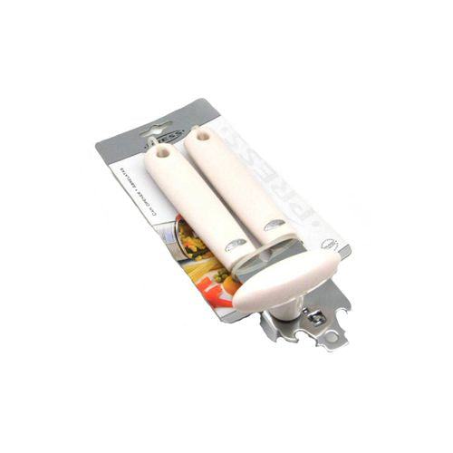 PRESS Manual Can Opener Stainless steel Portable Sharp Blades Smooth Edges. White Color Classic Line