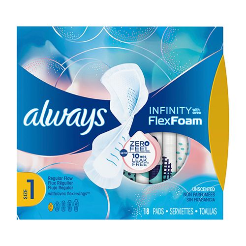 Always Infinity Feminine Pads  Size 1 Regular  with Wings  Unscented  18 ct