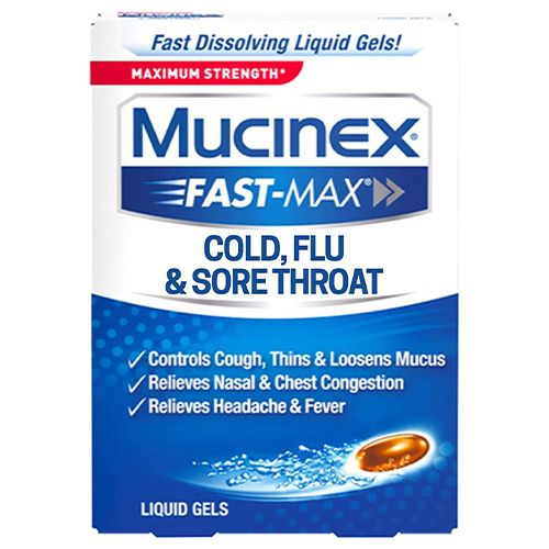 Maximum Strength Mucinex Fast-Max Cold  Flu  & Sore Throat Liquid Gels  16ct  Controls Cough  Thins & Loosens Mucus  Relieves Nasal & Chest Congestion  Headache & Fever