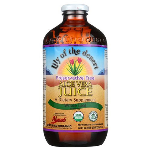 Lily of the desert brand preservative free USDA certified organic whole leaf aloe vera juice dietary supplement