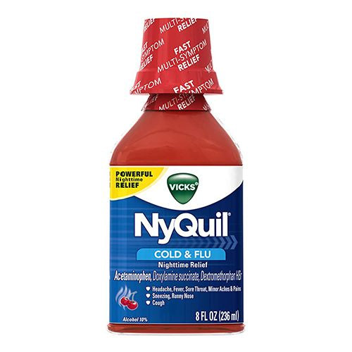 Vicks NyQuil, Nighttime Cold & Flu Symptom Relief, Relives Aches, Fever, Sore Throat, Sneezing, Runny Nose, Cough, 8 Fl Oz, Cherry Flavor