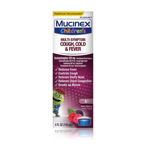 Mucinex Children's Multi-Symptom Cold and Fever Liquid, Berry Blast, 4 Ounce