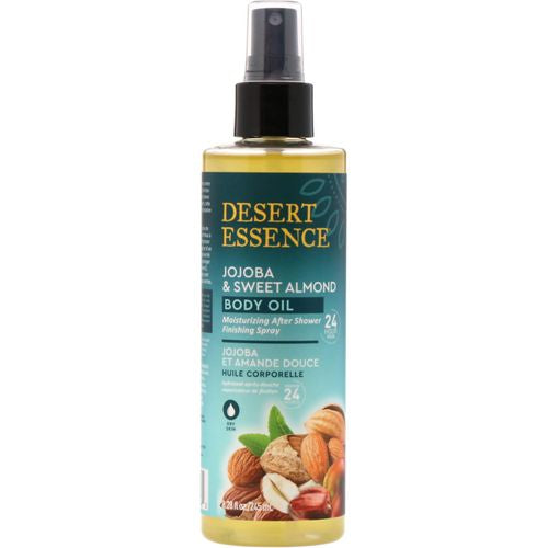 Desert Essence  Jojoba & Sweet Almond Body Oil Spray  8.28 fl. oz. - Gluten-Free  Vegan  Cruelty Free - 24hour Moisture  Soothes Skin  Perfect for Sensitive Skin  Illuminating Body Spray