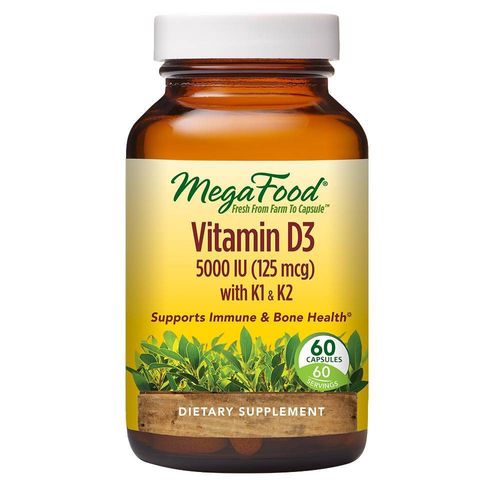 MegaFood Vitamin D3 5000 IU (125 mcg) - Bone Health and Immune Support with Vitamins D3  K  and K2 - Vegetarian  Gluten-Free - Made without Dairy or Soy - 60 Caps