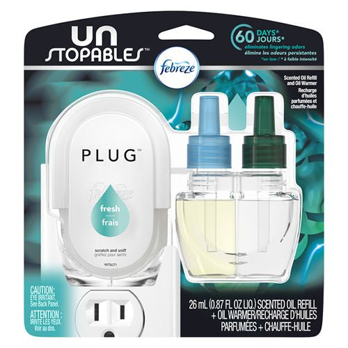 Febreze Unstopables Odor-Fighting PLUG Air Freshener  Fresh  Starter Kit & (1) .87 fl. oz. Oil Refill