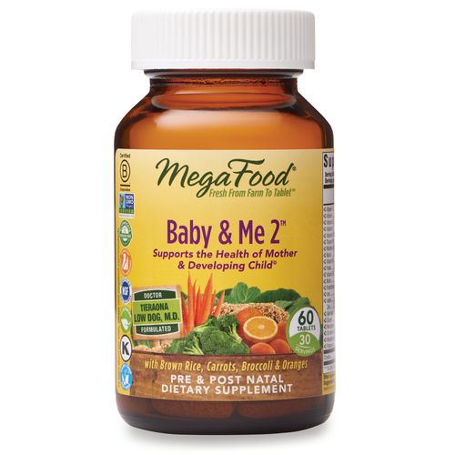 MegaFood Baby & Me 2 Prenatal Multivitamin - Prenatal Vitamins with Essential Nutrients like Folate (Folic Acid Natural Form)  Choline  Iron  Iodine  & Vitamin C & D - Non-GMO - 60 Tabs (30 Servings)