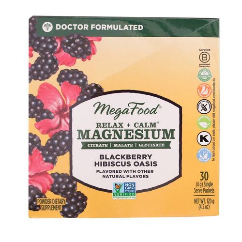 MegaFood, Relax + Calm Magnesium Powder, Blackberry Hibiscus Oasis Flavor, 30 Packets