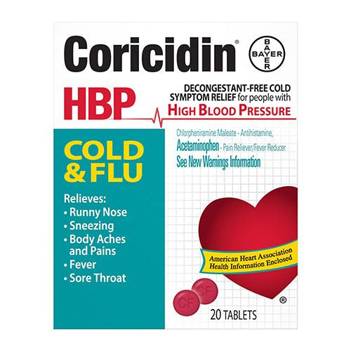 Coricidin HBP Cold & Flu Relief Tablets  High Blood Pressure  20 Ct
