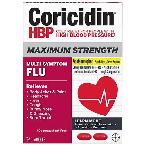 Coricidin HBP Maximum Strength Multi-Symptom Flu Medicine  Tablets  24 Ct