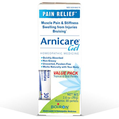 Boiron Arnicare Gel and Arnica Montana 30C  Homeopathic Medicine for Pain Relief  Muscle Pain & Stiffness  Swelling from Injuries  Bruises  2.6 oz Gel and 80 Pellets Value Pack