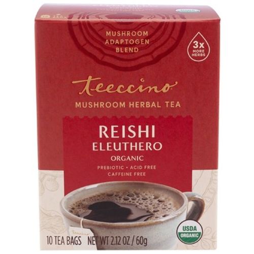 Teeccino Mushroom Herbal Tea, Organic Reishi Eleuthero, Caffeine Free, 10 Tea Bags, 2.12 oz (60 g)