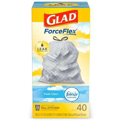 Glad ForceFlex Tall Kitchen Trash Bags  13 Gallon  40 Bags (Fresh Clean Scent  Febreze Freshness)