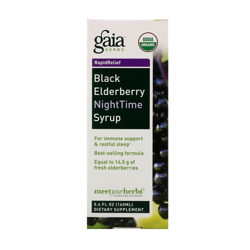 Gaia Herbs Black Elderberry  NightTime Syrup-Immune Support Supplement-With Organic Black Elderberries  California Poppy & Lemon Balm for Restful Sleep & Immune Defense-5.4 Fl Oz (32-Day Supply)