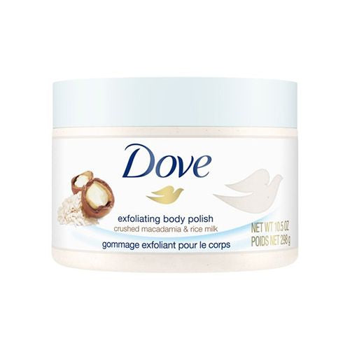 Dove Exfoliating Body Polish Scrub Macadamia & Rice Milk Nourishes and Reveals Smoother Skin 10.5 oz