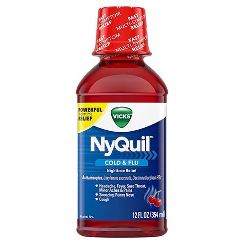 Vicks NyQuil Cold and Flu Relief Liquid Medicine  Over-the-Counter Medicine  Cherry  12 Oz