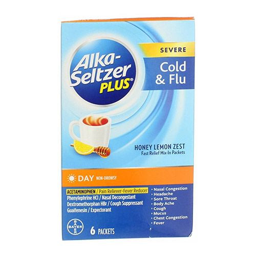 Alka-Seltzer Plus Day Severe Cold & Flu, Honey Lemon Fast Relief Mix-In Packets, 6 Count