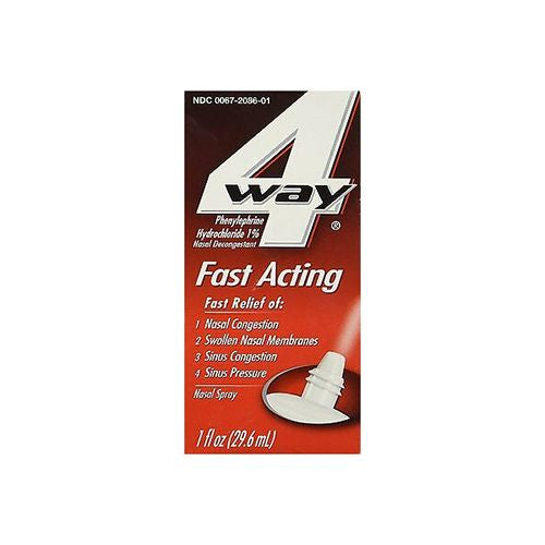 4Way Fast Acting Nasal Spray for Sinus Congestion Relief - 1 Fl Oz Spray Bottle
