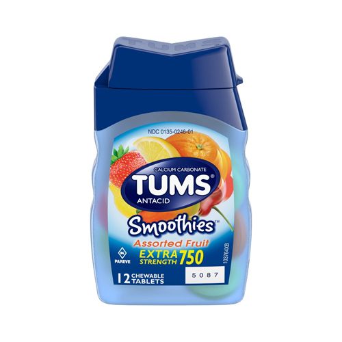 TUMS Smoothies Assorted Fruit Extra StrengthAntacid Chewable Tablets for Heartburn Relief, 12 Tablets