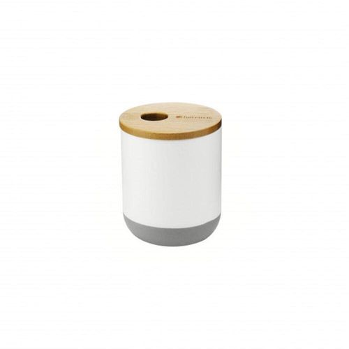 Full Circle Pick Me Up Ceramic & Bamboo Bathroom Counter Storage Canister - White & Gray - Great for Cotton Swabs!