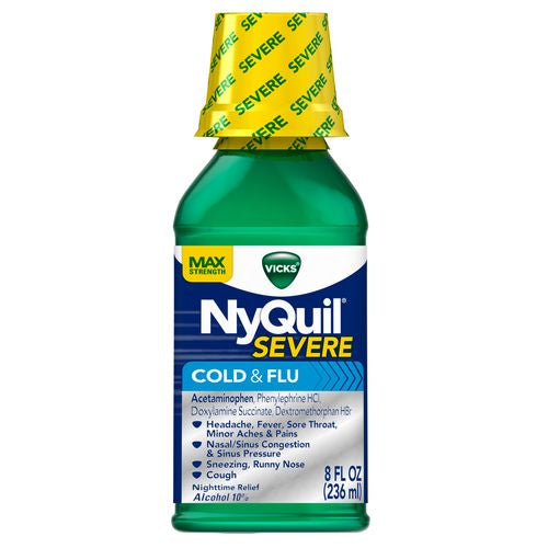 Vicks NyQuil SEVERE Cough Cold and Flu Nighttime Relief Liquid, 8 Fl Oz - Relieves Nighttime Sore Throat, Fever, and Congestion