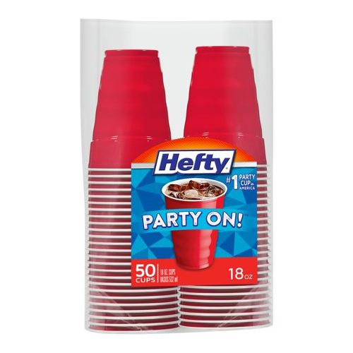 Hefty Party On Disposable Plastic Cups, Red, 18 Ounce, 50 Count