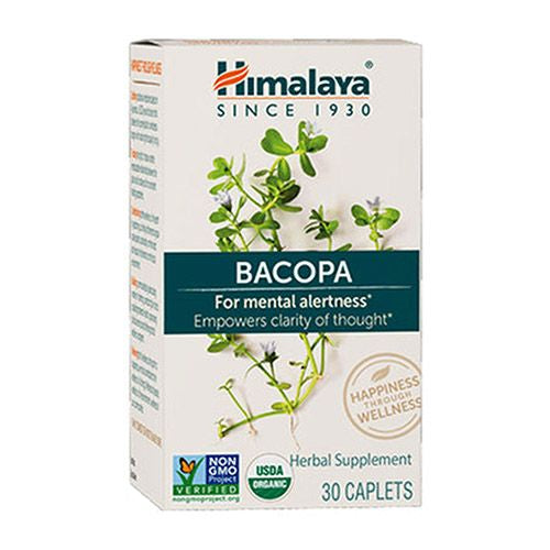 Himalaya Organic Bacopa Monnieri / Brahmi  Nootropic Brain Supplement Booster for Mental Sharpness  Focus  Memory  and Cognitive Wellness  750 mg  30 Caplets  1 Month Supply