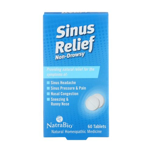 NatraBio Sinus Relief Homeopathic Formula  Temporary Relief from Sinus Headache & Pressure, Congestion, Sneezing & Runny Nose  Non-Drowsy  60 Tabs