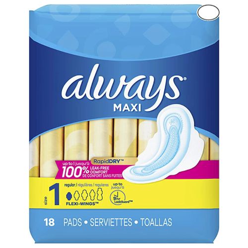 Always Maxi Size 1 Regular Pads with Wings  Unscented  18 Count