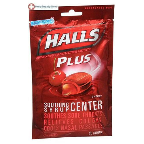 Halls Menthol Drops Cough Suppressant/Oral Anesthetic, Cherry, 25 Ct