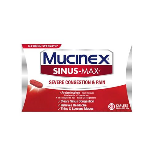 Maximum Strength Mucinex Sinus-Max Severe Congestion & Pain  Sinus Symptom Relief  Pain Reliever  Expectorant and Nasal Decongestant  20 Caplets