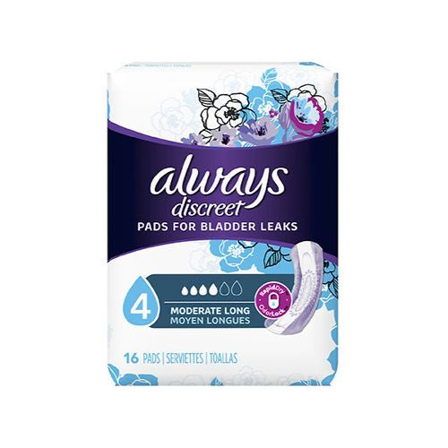 Always Discreet Incontinence Pads for Women, Moderate Absorbency, Long Length, 16 Count