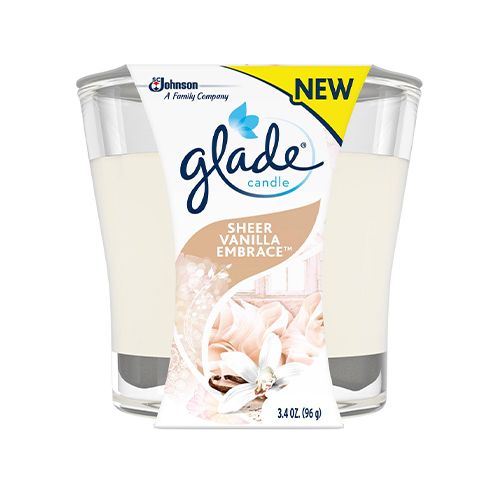 Glade Scented Candle Jar  Sheer Vanilla Embrace  Fragrance Infused with Essential Oils  3.4 oz