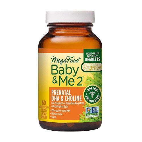 MegaFood Baby & Me 2 DHA & Choline Prenatal Support – Key nutrients DHA & Choline for Baby s Brain Development  Plant-Based DHA & Slow-Release Choline beadlets  Non-GMO - 60 Capsules (30 Servings)