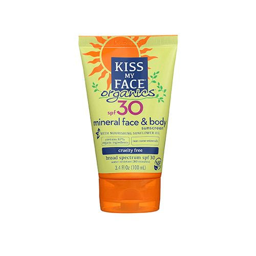 Kiss My Face Organics Purely Mineral Face & Body SPF 30 Sunscreen Lotion, 3.4 oz., Broad Spectrum Sunscreen, 100% Mineral Active Ingredients, Safe Suncare