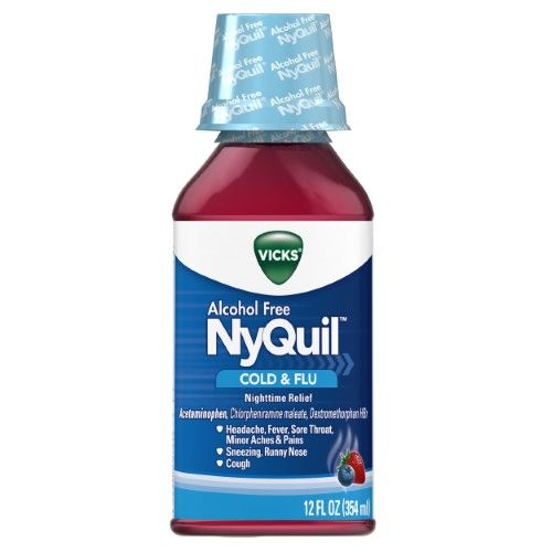 Vicks NyQuil ALCOHOL FREE Cold & Flu Relief Liquid Medicine, Powerful Multi-Symptom Nighttime Relief For Headache, Fever, Sore Throat, Sneezing, Runny Nose And Cough, Berry Flavor, 12 FL OZ (B005ZD6DUI)