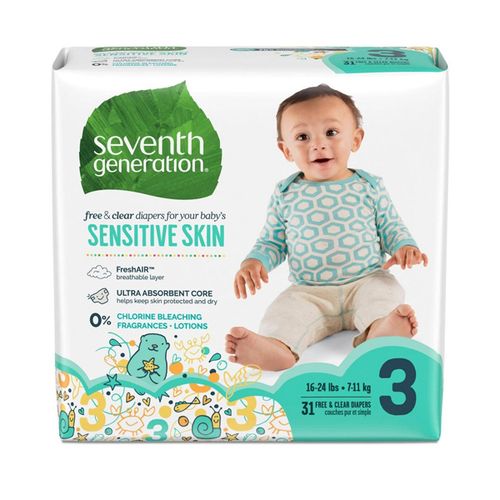 Seventh Generation Baby Diapers  Free & Clear  Size 3  16-28 lbs  31 Diapers